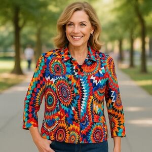 Chico’s Size 1 M/L Kaleidoscope Print Jacket Cotton Blend 4 Pocket Button Front